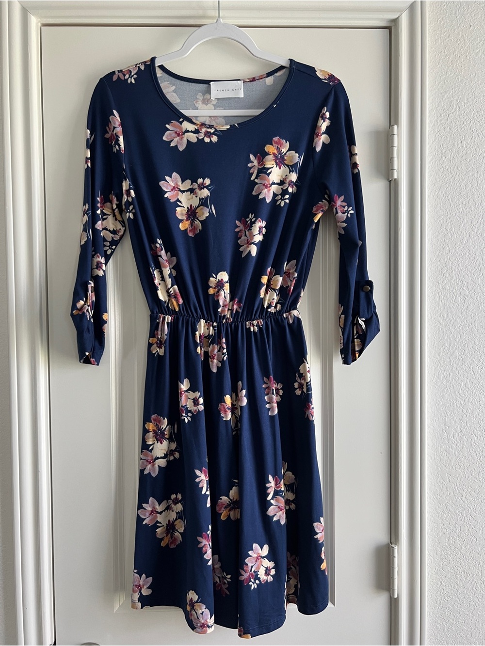French Grey Navy Floral Long-Sleeve Elastic-Waist Dress